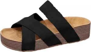 SuanlaTDS Women's Platform Sandals 2025 Comfortable Crisscross Open Toe Summer Flat Low Heels Slip On Slides Beach Walking Shoes Bohemian Outdoor Casual Dressy Thich Sole Slippers