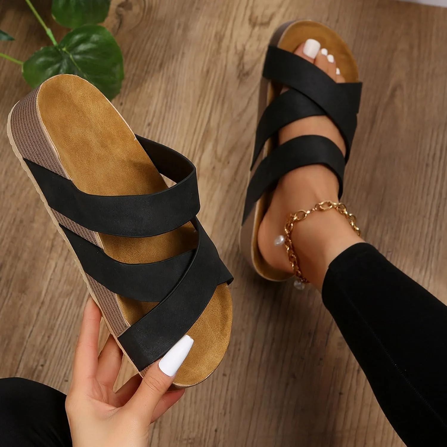 SuanlaTDS Women's Platform Sandals 2025 Comfortable Crisscross Open Toe Summer Flat Low Heels Slip On Slides Beach Walking Shoes Bohemian Outdoor Casual Dressy Thich Sole Slippers