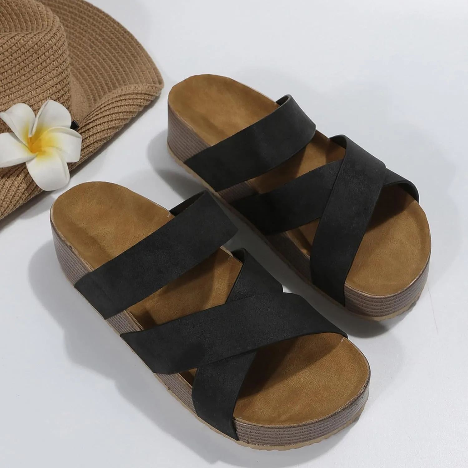 SuanlaTDS Women's Platform Sandals 2025 Comfortable Crisscross Open Toe Summer Flat Low Heels Slip On Slides Beach Walking Shoes Bohemian Outdoor Casual Dressy Thich Sole Slippers