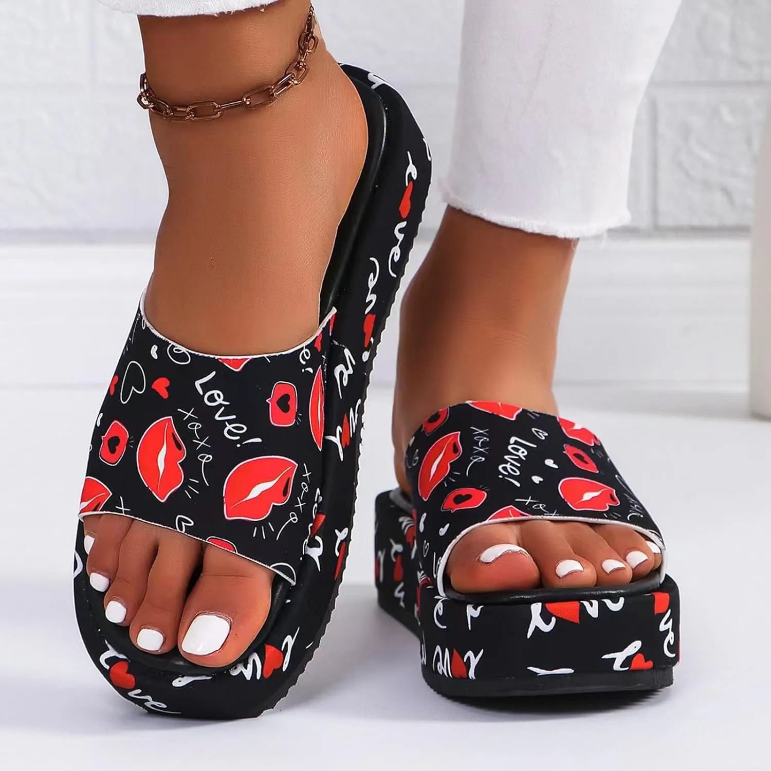 SuanlaTDS Women's Platform Slides Sandals Comfortable Footbed Open Toe Slip On Low Wedges Heels Summer Beach Shoes Casual Dressy Flatform Slippers Heeled Slide Sandal Waking Shoes