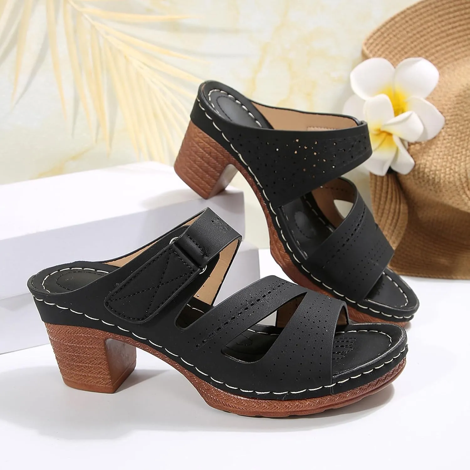 SuanlaTDS Women's Platform Wedge Sandals Comfortable Cutout Open Toe Slip On Slides Sandal with Arch Support Low Chunky Block Heels Outdoor Wedding Party Dance Pumps Wedges Sandals