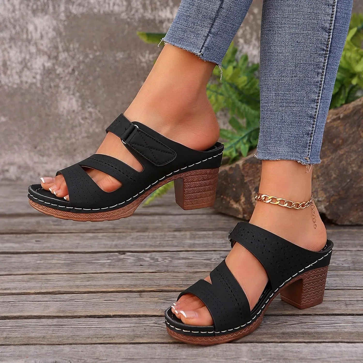 SuanlaTDS Women's Platform Wedge Sandals Comfortable Cutout Open Toe Slip On Slides Sandal with Arch Support Low Chunky Block Heels Outdoor Wedding Party Dance Pumps Wedges Sandals
