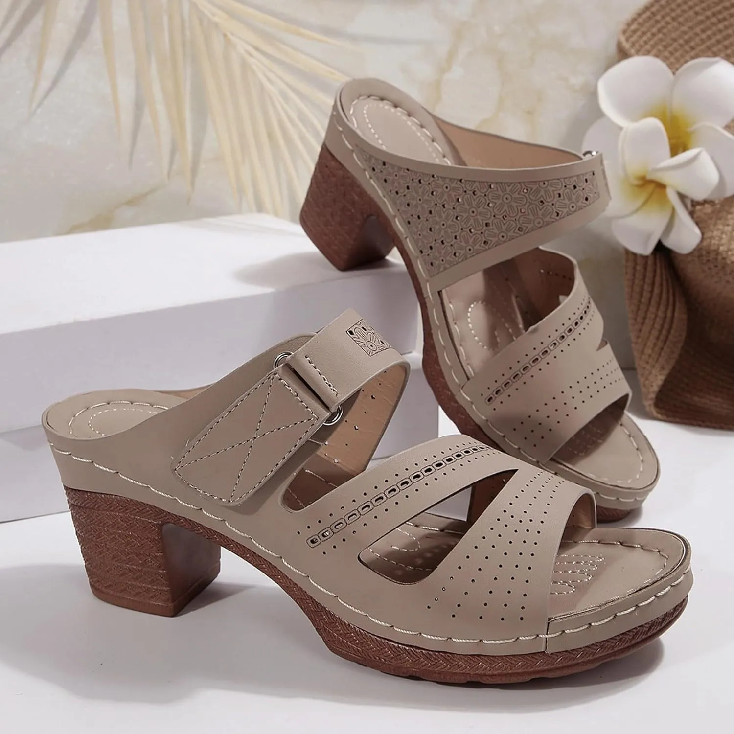 SuanlaTDS Women's Platform Wedge Sandals Comfortable Cutout Open Toe Slip On Slides Sandal with Arch Support Low Chunky Block Heels Outdoor Wedding Party Dance Pumps Wedges Sandals