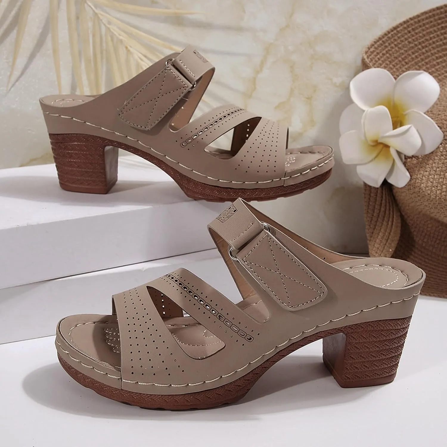 SuanlaTDS Women's Platform Wedge Sandals Comfortable Cutout Open Toe Slip On Slides Sandal with Arch Support Low Chunky Block Heels Outdoor Wedding Party Dance Pumps Wedges Sandals