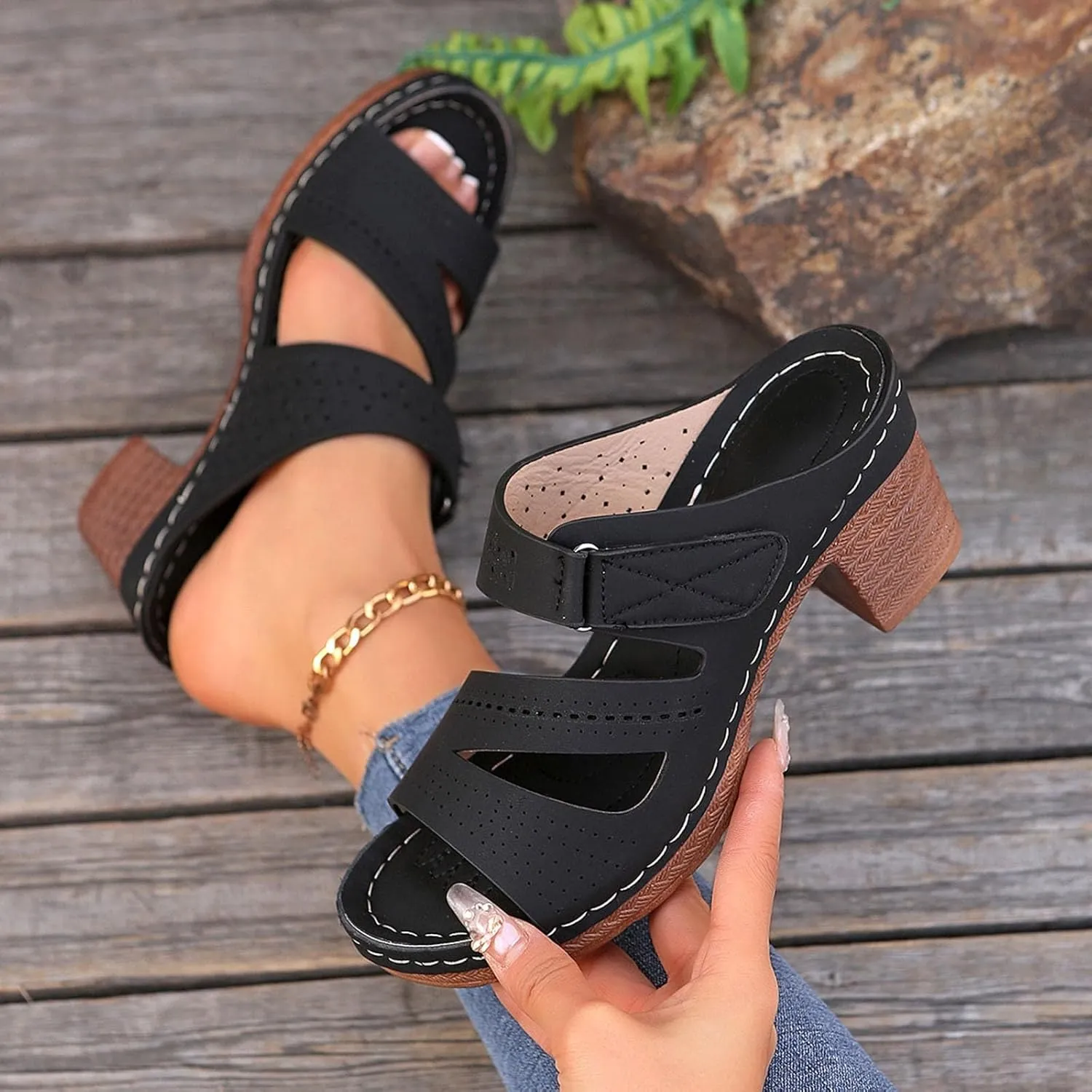 SuanlaTDS Women's Platform Wedge Sandals Comfortable Cutout Open Toe Slip On Slides Sandal with Arch Support Low Chunky Block Heels Outdoor Wedding Party Dance Pumps Wedges Sandals