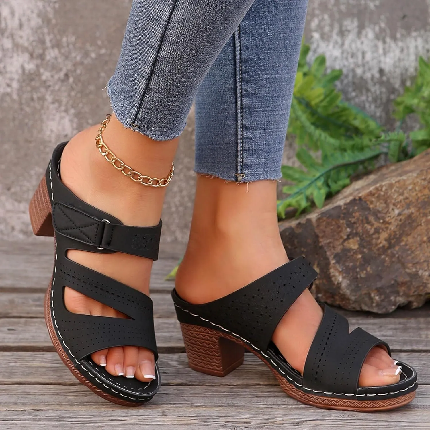 SuanlaTDS Women's Platform Wedge Sandals Comfortable Cutout Open Toe Slip On Slides Sandal with Arch Support Low Chunky Block Heels Outdoor Wedding Party Dance Pumps Wedges Sandals