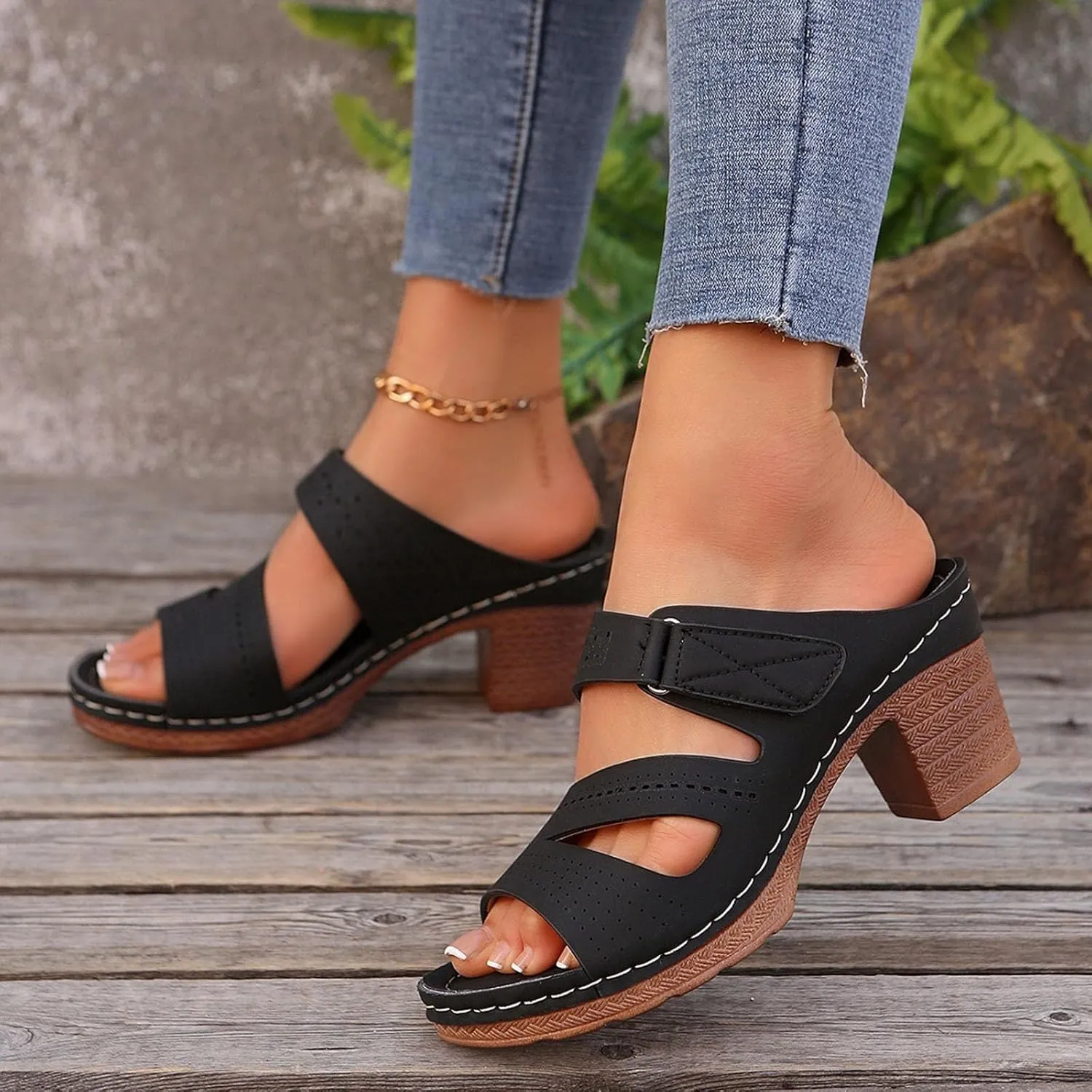 SuanlaTDS Women's Platform Wedge Sandals Comfortable Cutout Open Toe Slip On Slides Sandal with Arch Support Low Chunky Block Heels Outdoor Wedding Party Dance Pumps Wedges Sandals