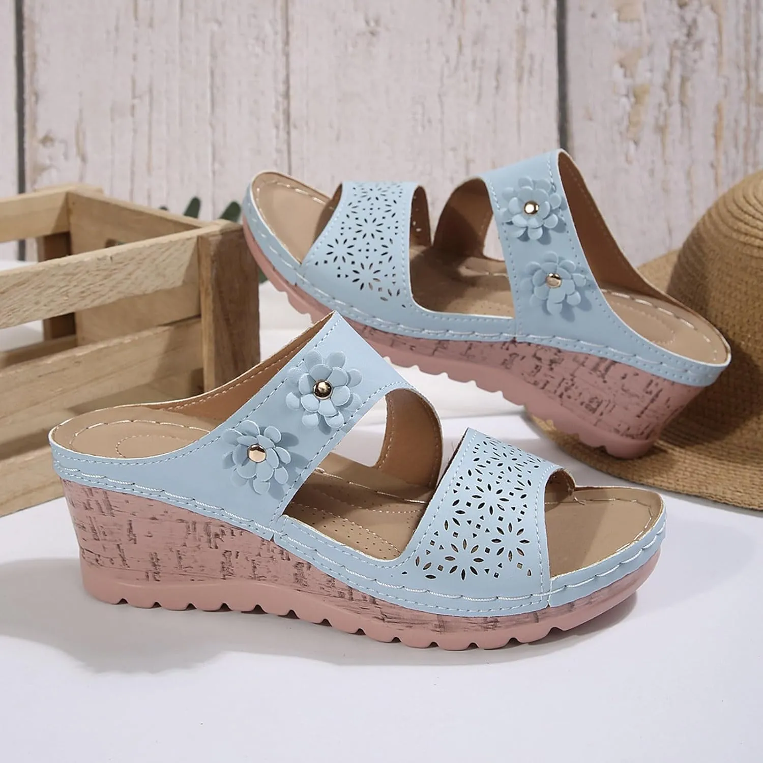 SuanlaTDS Womens Sandals Comfortable Platform Wedges Slip On Orthopedic Sandals with Arch Support Casual Summer Open Toe High Heels Slide Sandals Slippers Wedge Outdoor Walking Shoes