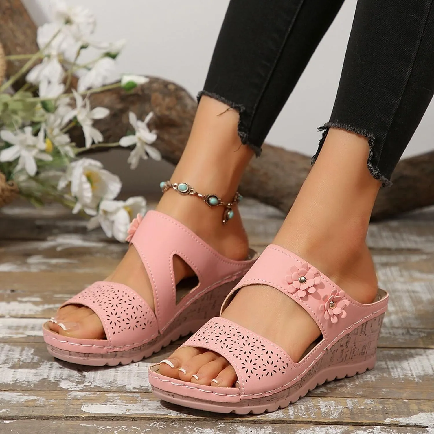 SuanlaTDS Womens Sandals Comfortable Platform Wedges Slip On Orthopedic Sandals with Arch Support Casual Summer Open Toe High Heels Slide Sandals Slippers Wedge Outdoor Walking Shoes