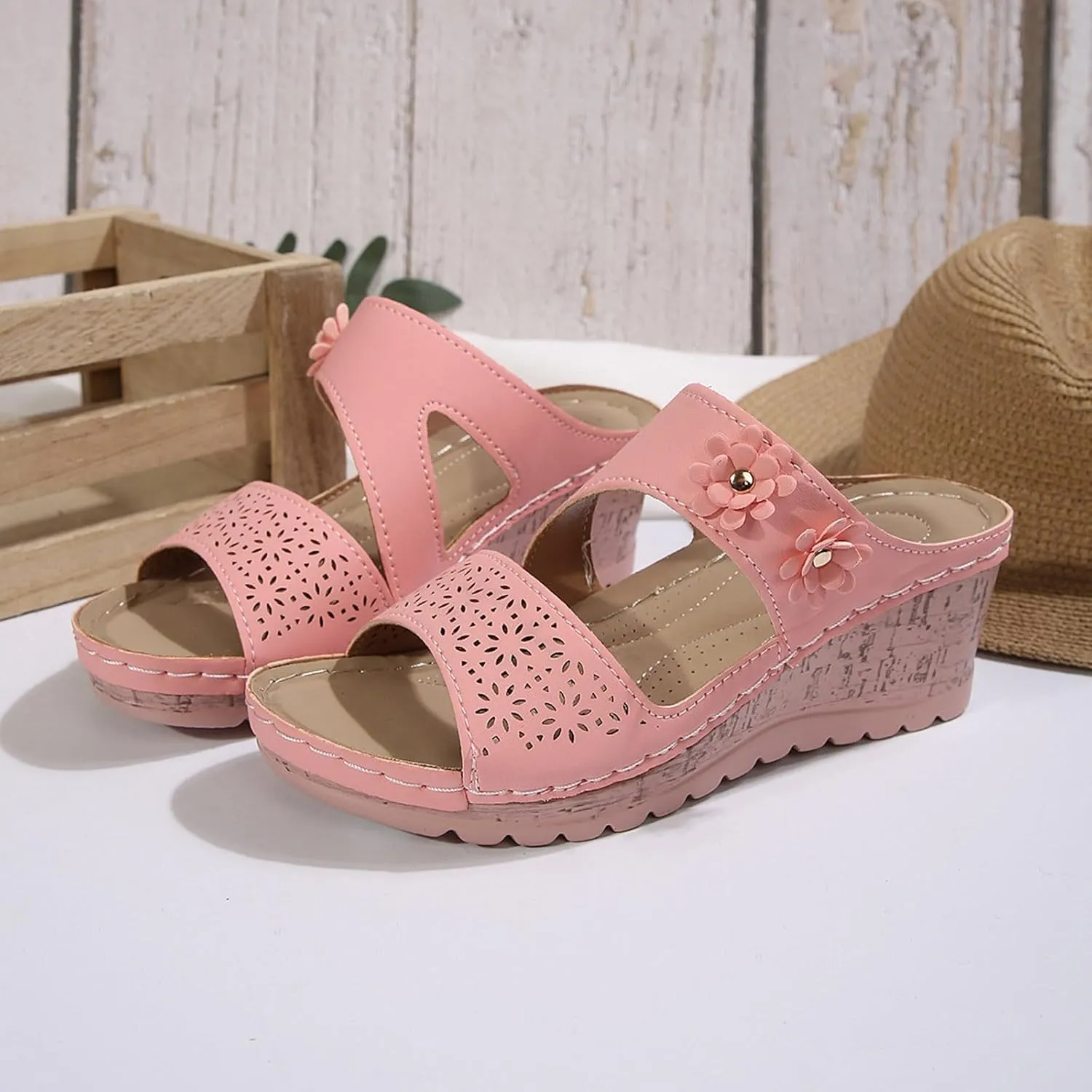 SuanlaTDS Womens Sandals Comfortable Platform Wedges Slip On Orthopedic Sandals with Arch Support Casual Summer Open Toe High Heels Slide Sandals Slippers Wedge Outdoor Walking Shoes