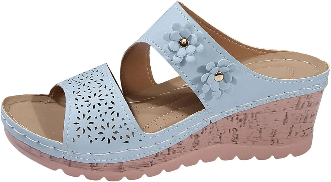 SuanlaTDS Womens Sandals Comfortable Platform Wedges Slip On Orthopedic Sandals with Arch Support Casual Summer Open Toe High Heels Slide Sandals Slippers Wedge Outdoor Walking Shoes