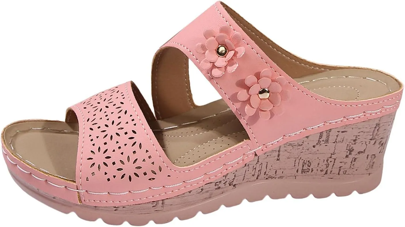 SuanlaTDS Womens Sandals Comfortable Platform Wedges Slip On Orthopedic Sandals with Arch Support Casual Summer Open Toe High Heels Slide Sandals Slippers Wedge Outdoor Walking Shoes