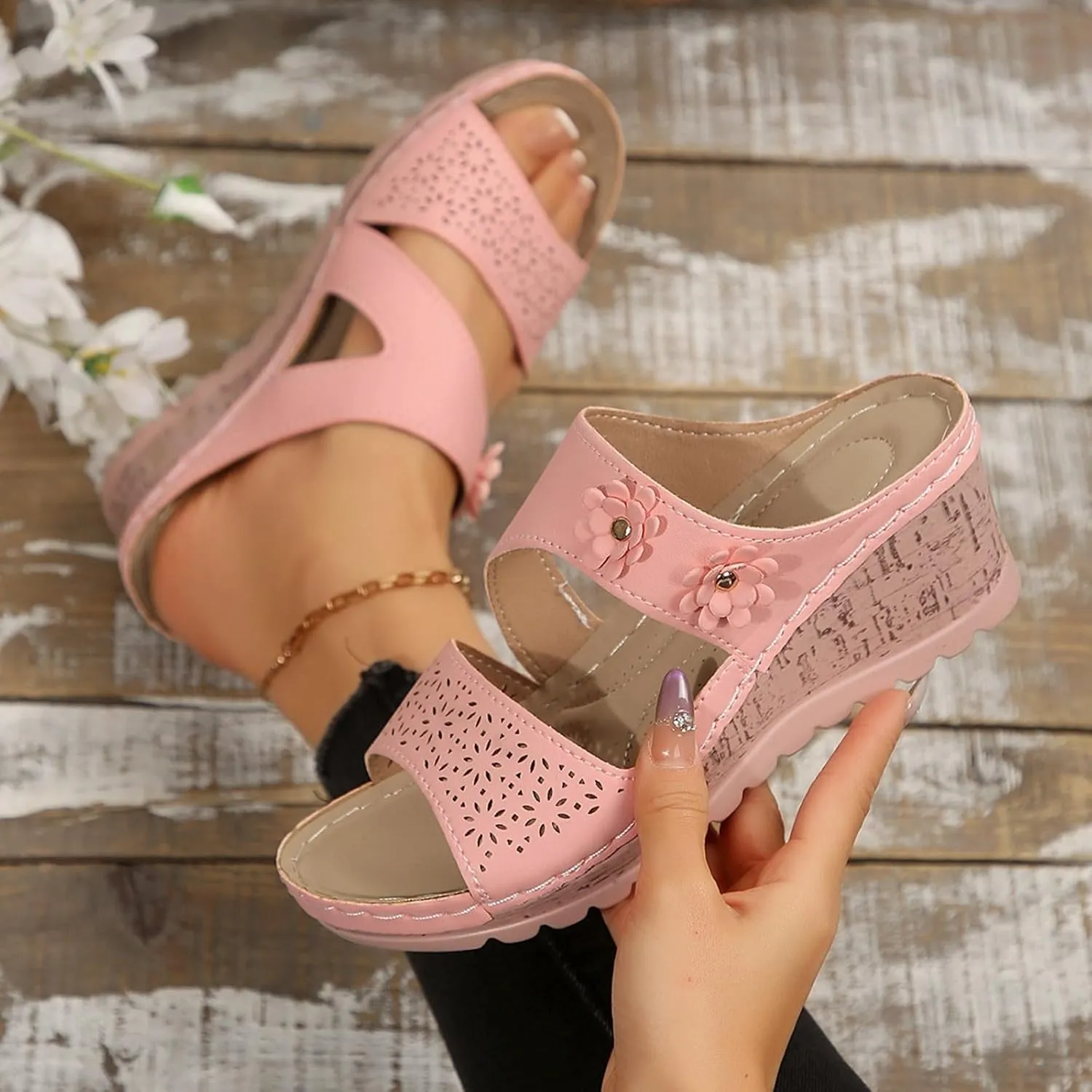 SuanlaTDS Womens Sandals Comfortable Platform Wedges Slip On Orthopedic Sandals with Arch Support Casual Summer Open Toe High Heels Slide Sandals Slippers Wedge Outdoor Walking Shoes