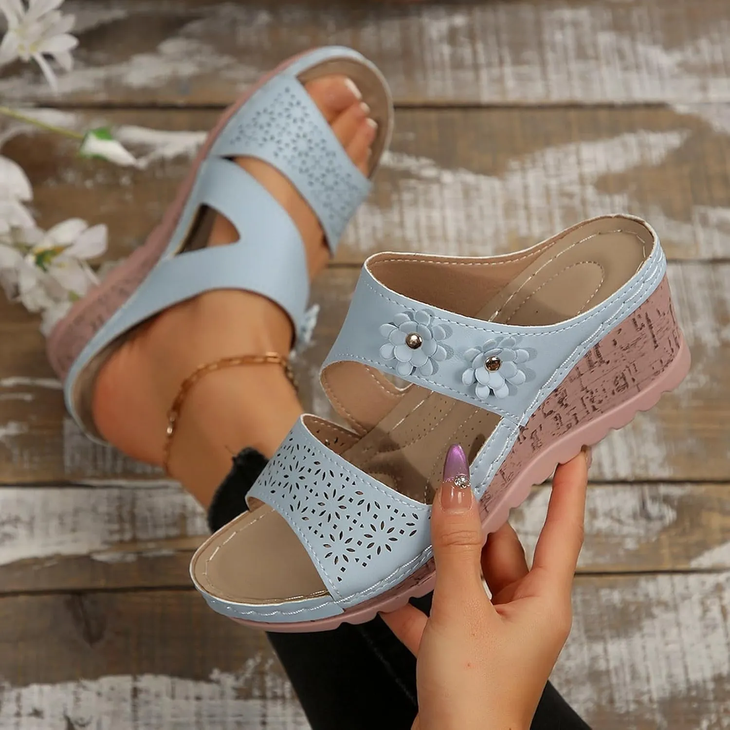 SuanlaTDS Womens Sandals Comfortable Platform Wedges Slip On Orthopedic Sandals with Arch Support Casual Summer Open Toe High Heels Slide Sandals Slippers Wedge Outdoor Walking Shoes