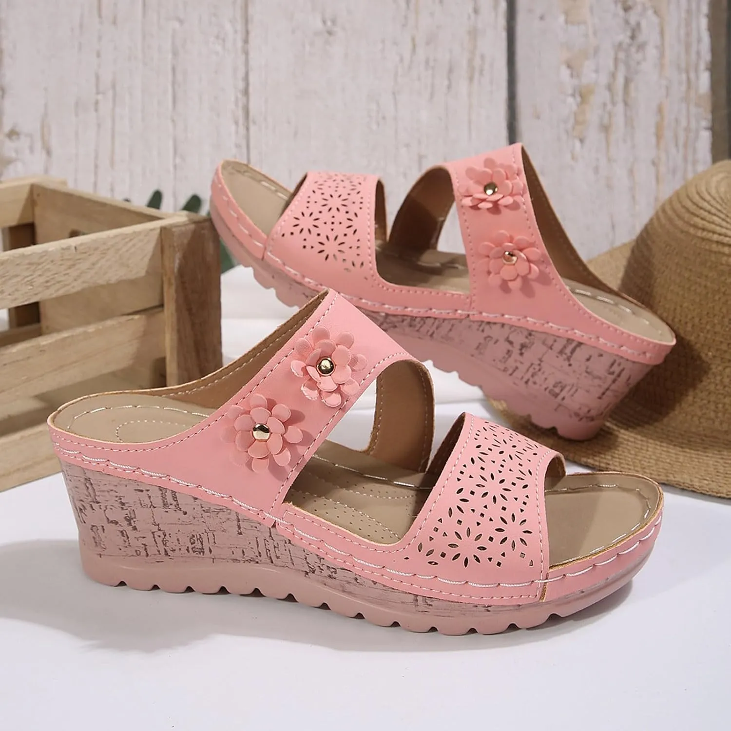 SuanlaTDS Womens Sandals Comfortable Platform Wedges Slip On Orthopedic Sandals with Arch Support Casual Summer Open Toe High Heels Slide Sandals Slippers Wedge Outdoor Walking Shoes