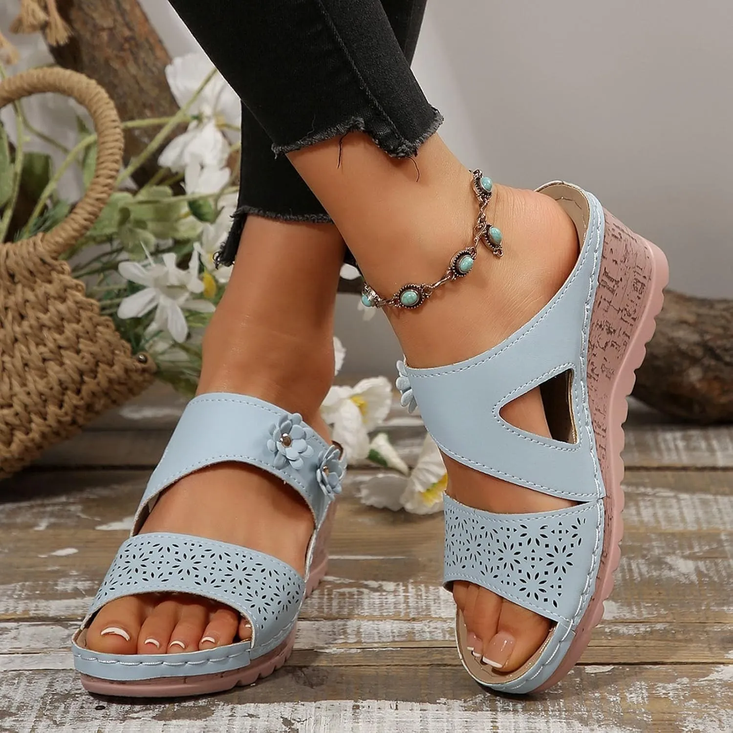 SuanlaTDS Womens Sandals Comfortable Platform Wedges Slip On Orthopedic Sandals with Arch Support Casual Summer Open Toe High Heels Slide Sandals Slippers Wedge Outdoor Walking Shoes