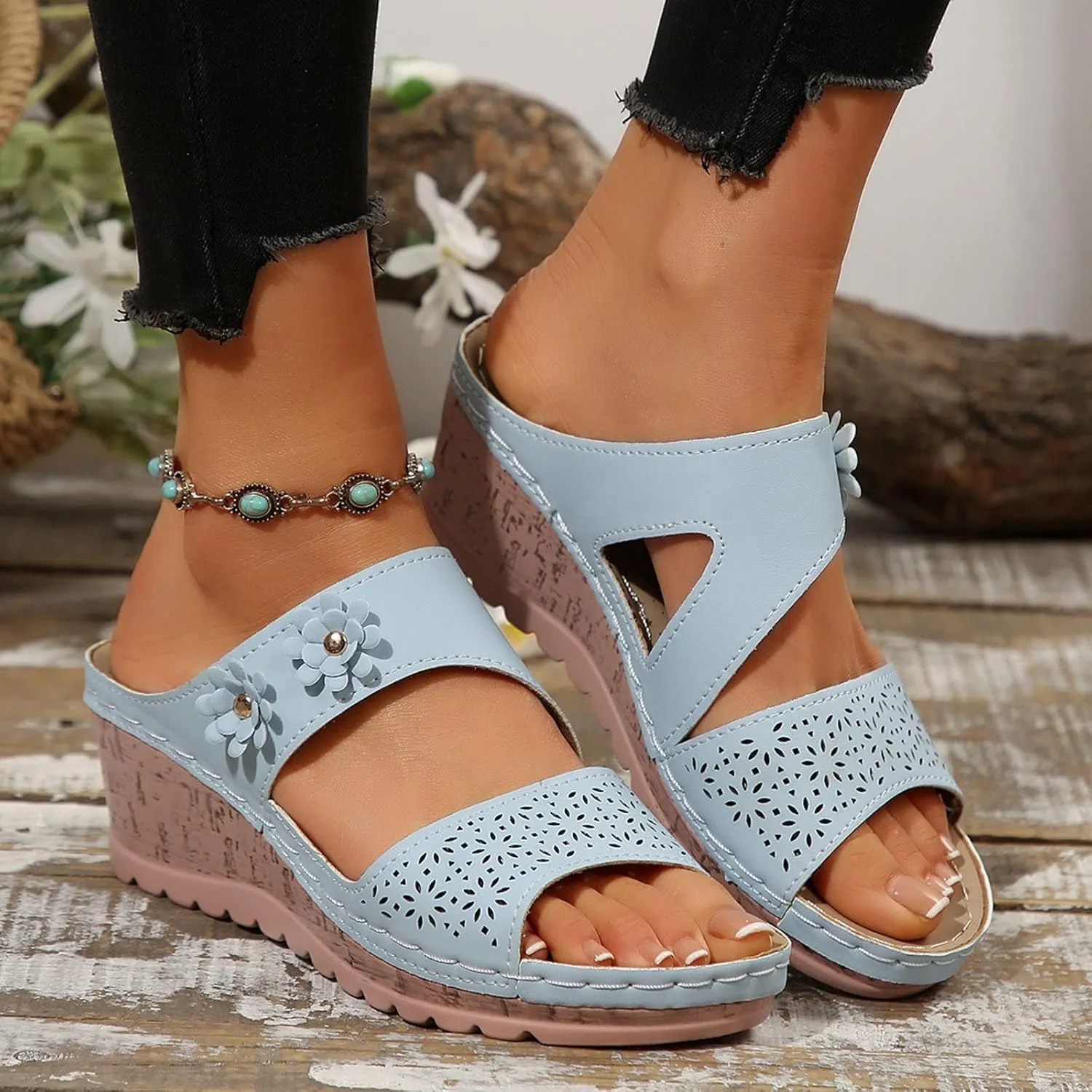 SuanlaTDS Womens Sandals Comfortable Platform Wedges Slip On Orthopedic Sandals with Arch Support Casual Summer Open Toe High Heels Slide Sandals Slippers Wedge Outdoor Walking Shoes