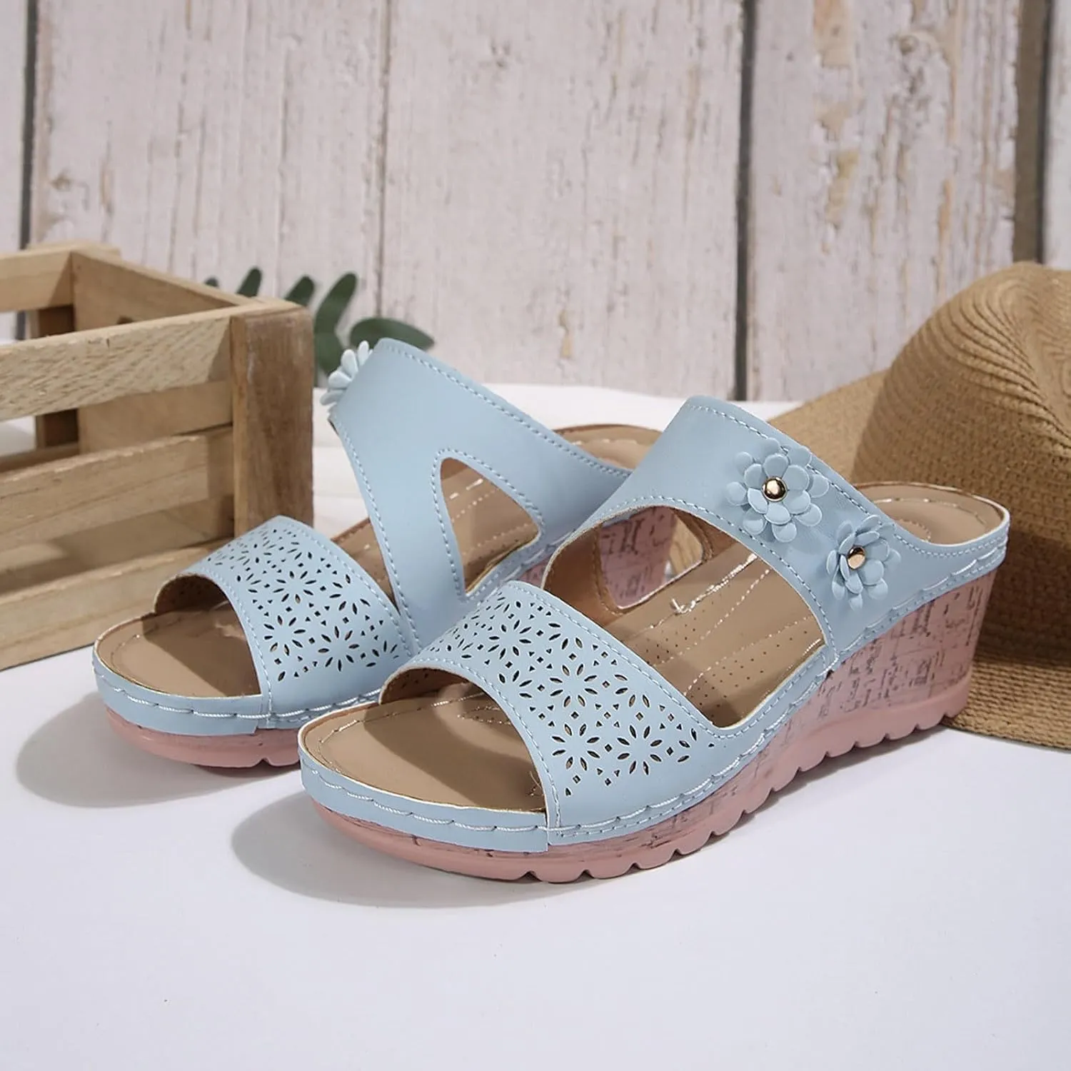 SuanlaTDS Womens Sandals Comfortable Platform Wedges Slip On Orthopedic Sandals with Arch Support Casual Summer Open Toe High Heels Slide Sandals Slippers Wedge Outdoor Walking Shoes