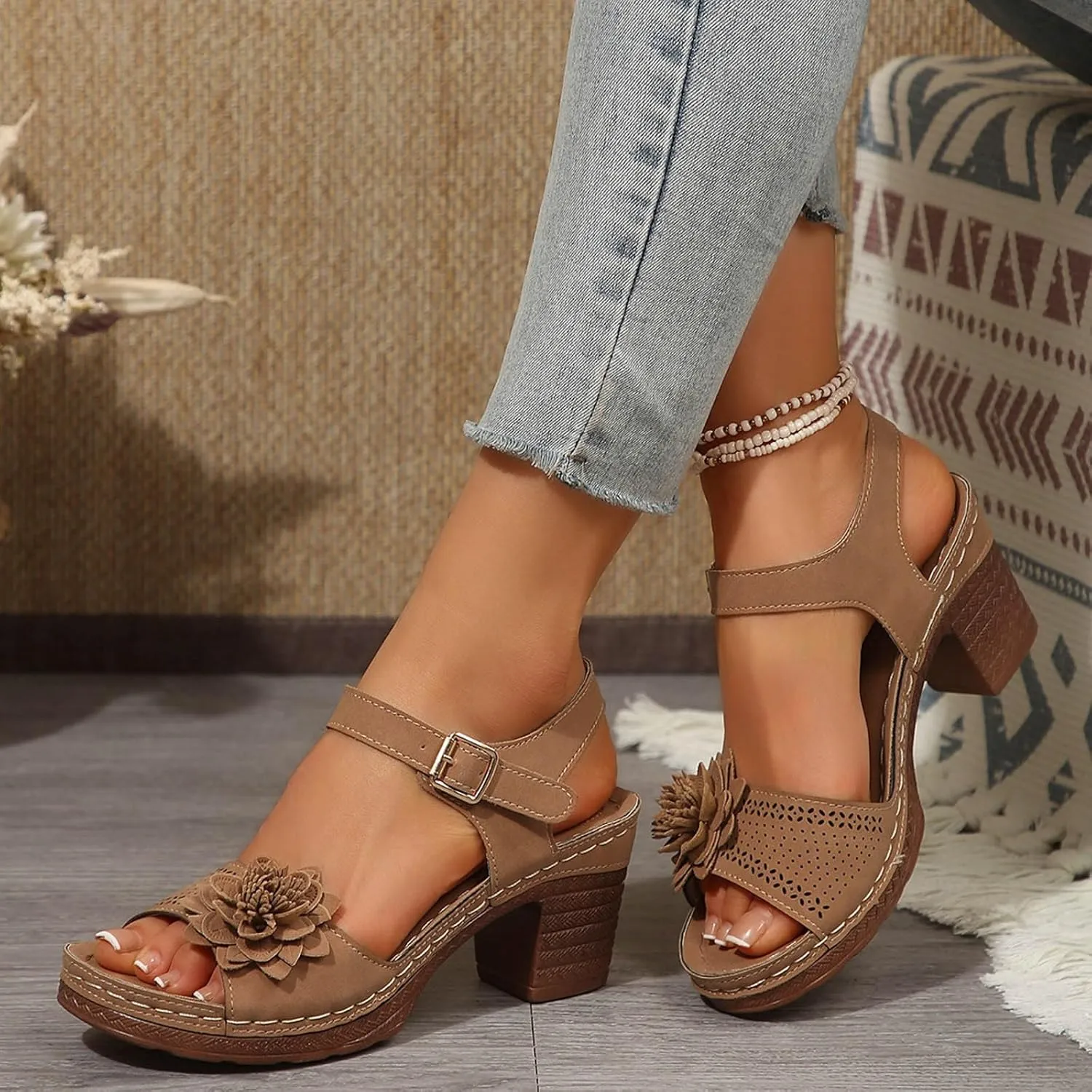 SuanlaTDS Womens Sandals High Heels Round Toe Ankle Strap Buckle Comfortable Wedge Platform Chunky Block Heel Party Dress Dance Shoes Casual Open-toe Heeled Outdoor Sandals