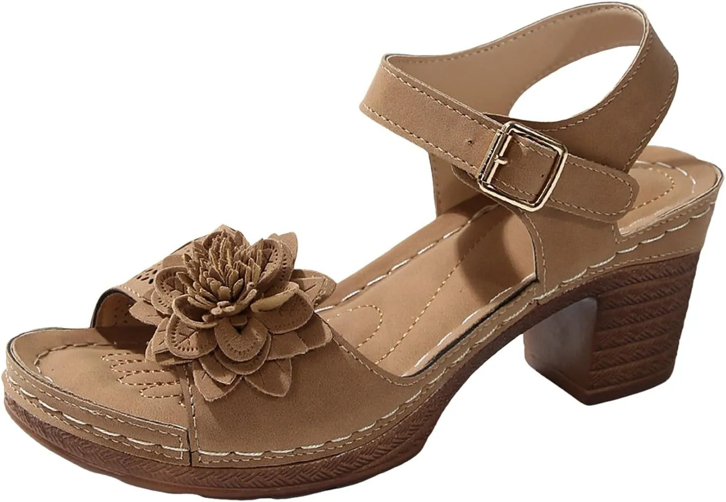 SuanlaTDS Womens Sandals High Heels Round Toe Ankle Strap Buckle Comfortable Wedge Platform Chunky Block Heel Party Dress Dance Shoes Casual Open-toe Heeled Outdoor Sandals