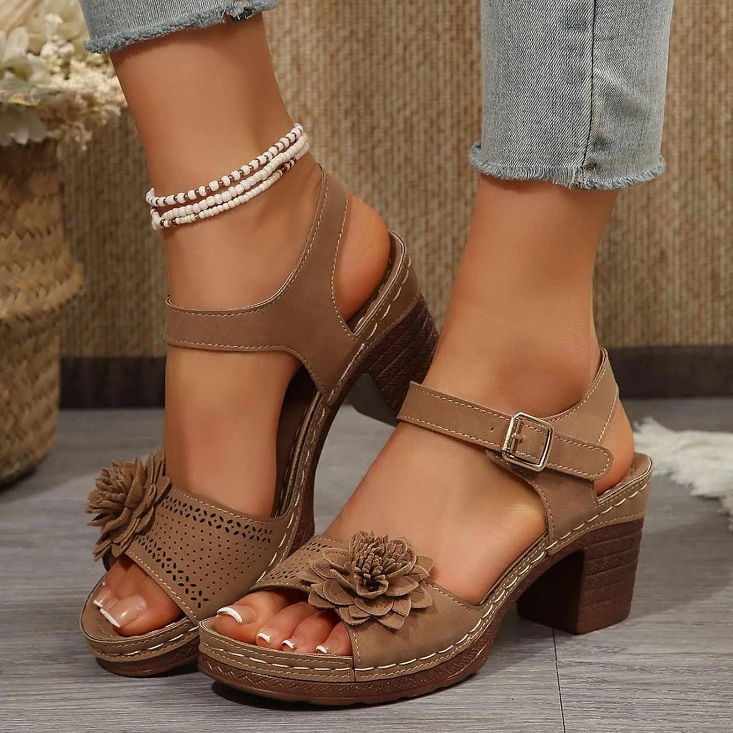 SuanlaTDS Womens Sandals High Heels Round Toe Ankle Strap Buckle Comfortable Wedge Platform Chunky Block Heel Party Dress Dance Shoes Casual Open-toe Heeled Outdoor Sandals