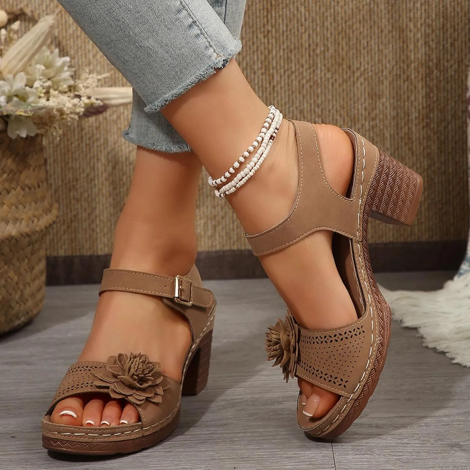 SuanlaTDS Womens Sandals High Heels Round Toe Ankle Strap Buckle Comfortable Wedge Platform Chunky Block Heel Party Dress Dance Shoes Casual Open-toe Heeled Outdoor Sandals