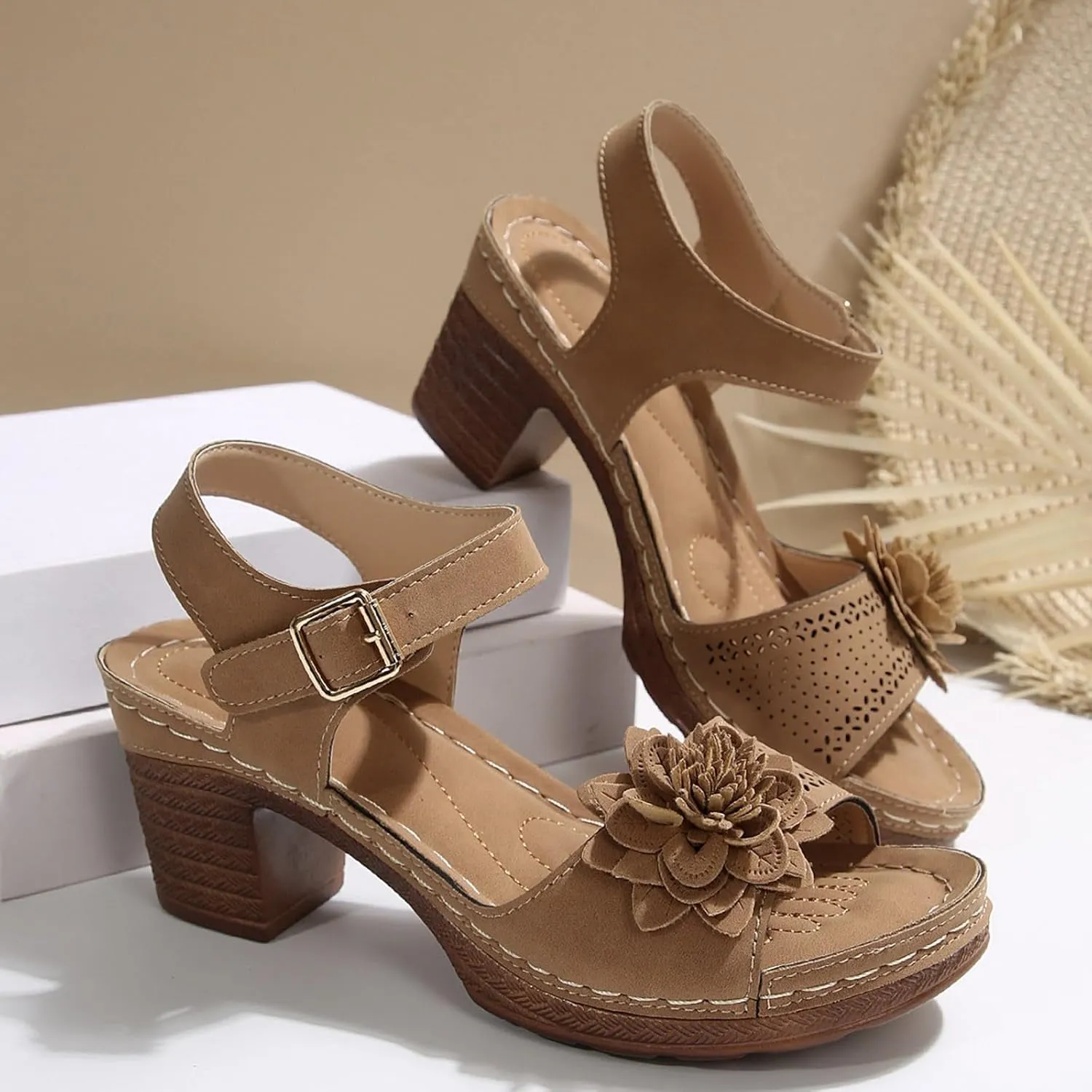 SuanlaTDS Womens Sandals High Heels Round Toe Ankle Strap Buckle Comfortable Wedge Platform Chunky Block Heel Party Dress Dance Shoes Casual Open-toe Heeled Outdoor Sandals
