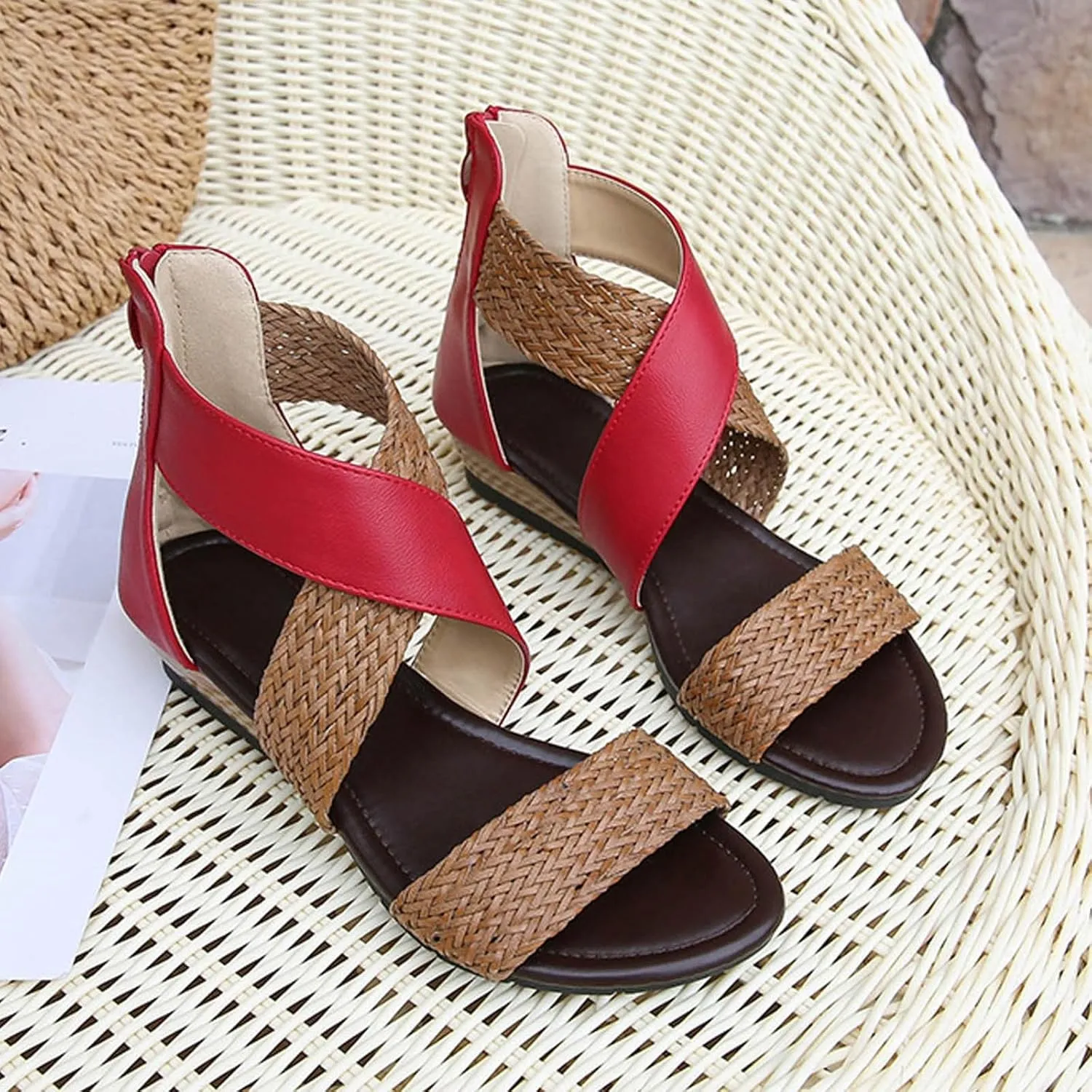 SuanlaTDS Women's Wedge Sandals Low Heels Crisscross Open Toe Back Zipper Comfortable Gladiator Roman Shoes 2025 Casual Walking Dressy Summer Holiday Party Wedding Platform Wedges Sandal