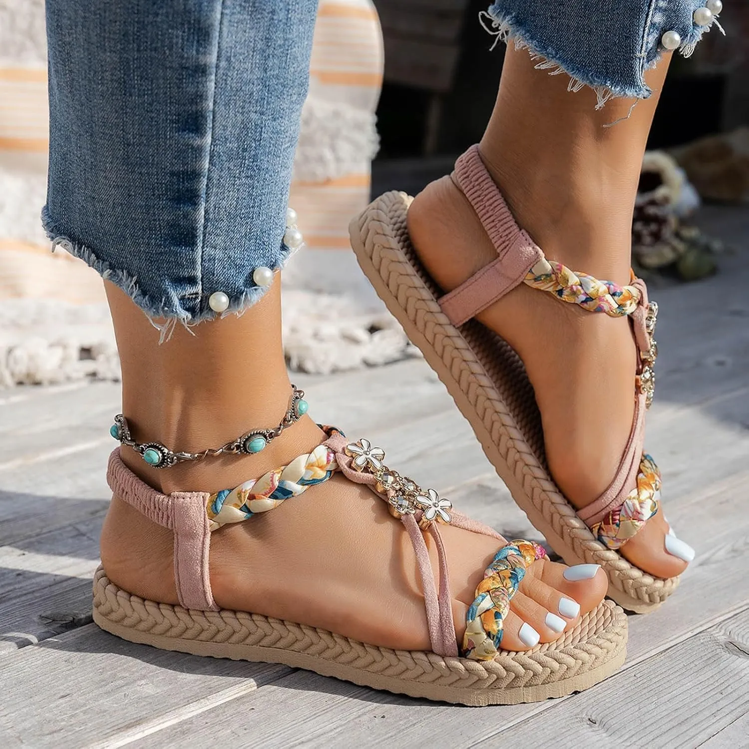 Summer Boho Flat Sandals for Women,Comfy Open Toe Arch Support T-strap Rhinestones Jeweled Sparkly Elastic Strappy Dressy Sandal Ladies Low Heel Slip On Cushioned Shoes for Wedding Daily Wear
