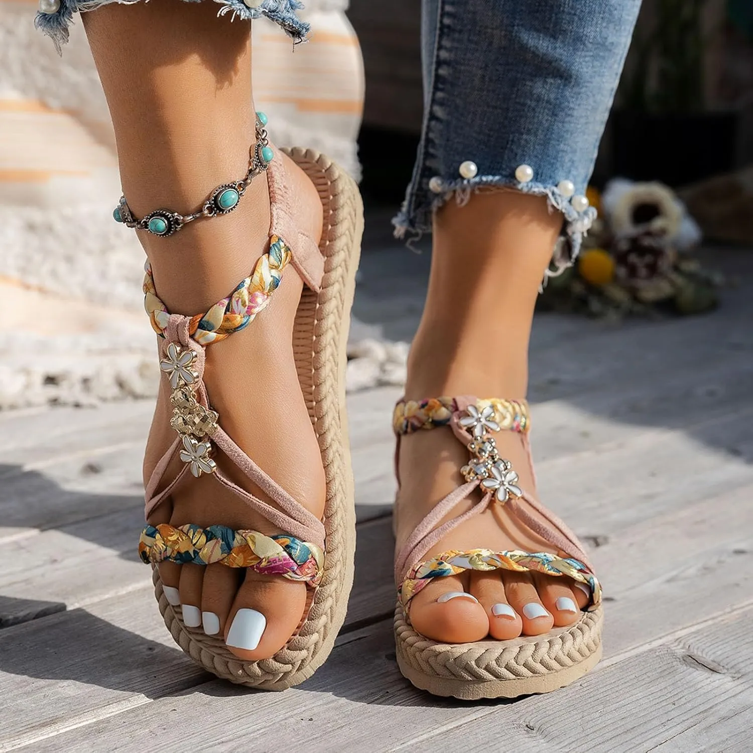 Summer Boho Flat Sandals for Women,Comfy Open Toe Arch Support T-strap Rhinestones Jeweled Sparkly Elastic Strappy Dressy Sandal Ladies Low Heel Slip On Cushioned Shoes for Wedding Daily Wear