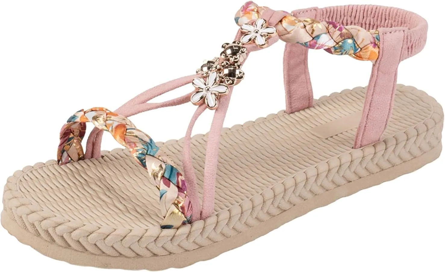Summer Boho Flat Sandals for Women,Comfy Open Toe Arch Support T-strap Rhinestones Jeweled Sparkly Elastic Strappy Dressy Sandal Ladies Low Heel Slip On Cushioned Shoes for Wedding Daily Wear
