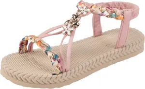 Summer Boho Flat Sandals for Women,Comfy Open Toe Arch Support T-strap Rhinestones Jeweled Sparkly Elastic Strappy Dressy Sandal Ladies Low Heel Slip On Cushioned Shoes for Wedding Daily Wear