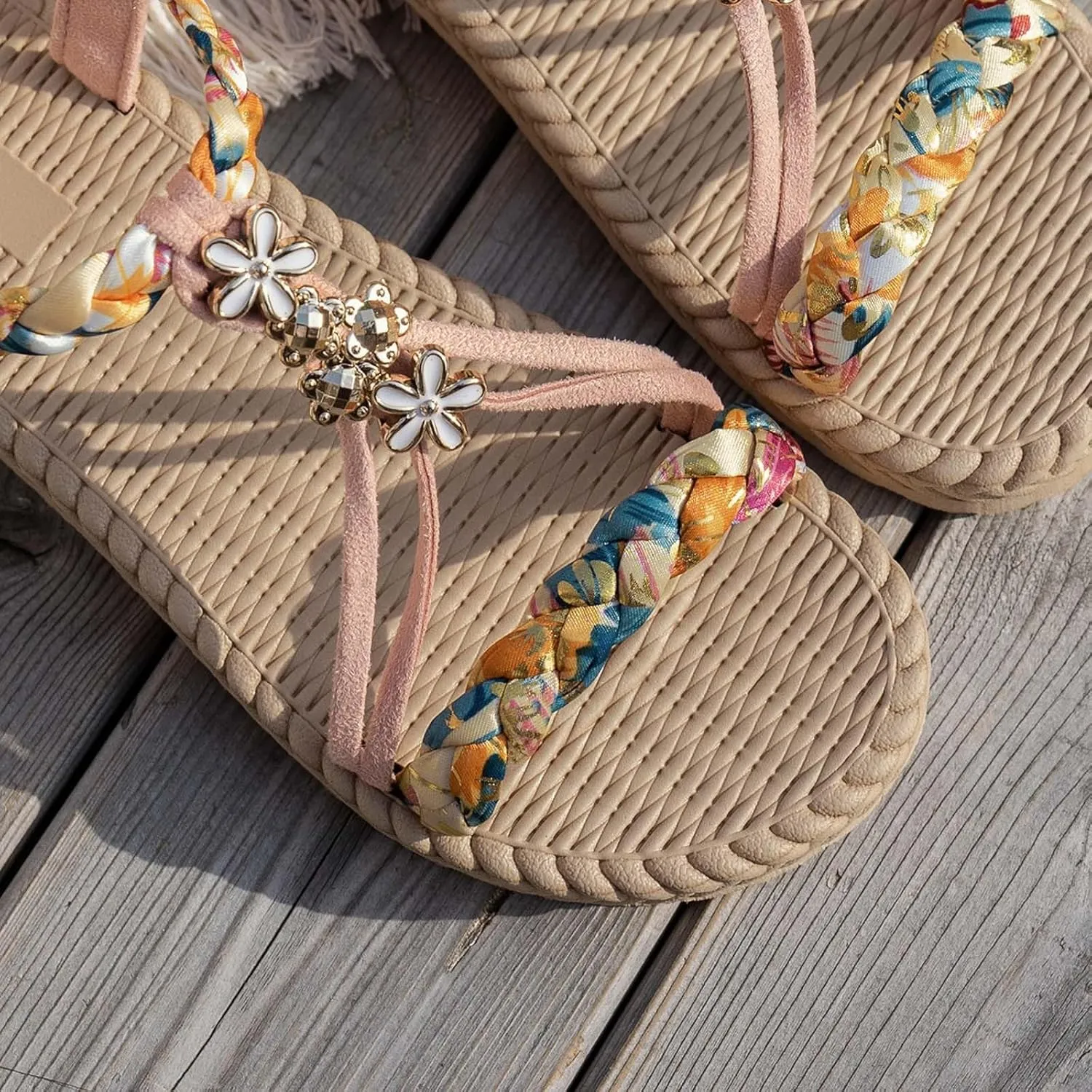 Summer Boho Flat Sandals for Women,Comfy Open Toe Arch Support T-strap Rhinestones Jeweled Sparkly Elastic Strappy Dressy Sandal Ladies Low Heel Slip On Cushioned Shoes for Wedding Daily Wear