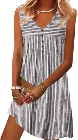 Summer Dress for Women 2025 Beach Neat Sleeveless A Line Dress Stripes V Neck Front Buttons Mini Dresses Casual Sundress