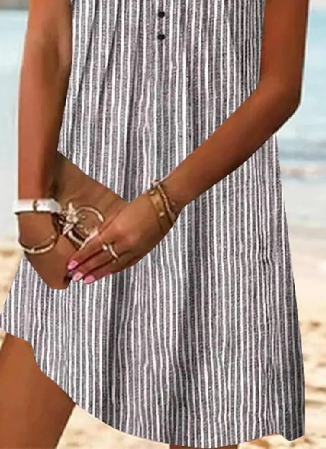 Summer Dress for Women 2025 Beach Neat Sleeveless A Line Dress Stripes V Neck Front Buttons Mini Dresses Casual Sundress