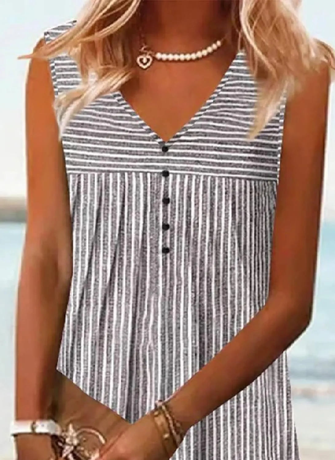 Summer Dress for Women 2025 Beach Neat Sleeveless A Line Dress Stripes V Neck Front Buttons Mini Dresses Casual Sundress