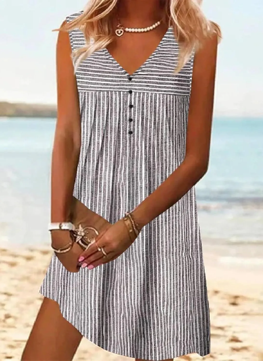 Summer Dress for Women 2025 Beach Neat Sleeveless A Line Dress Stripes V Neck Front Buttons Mini Dresses Casual Sundress