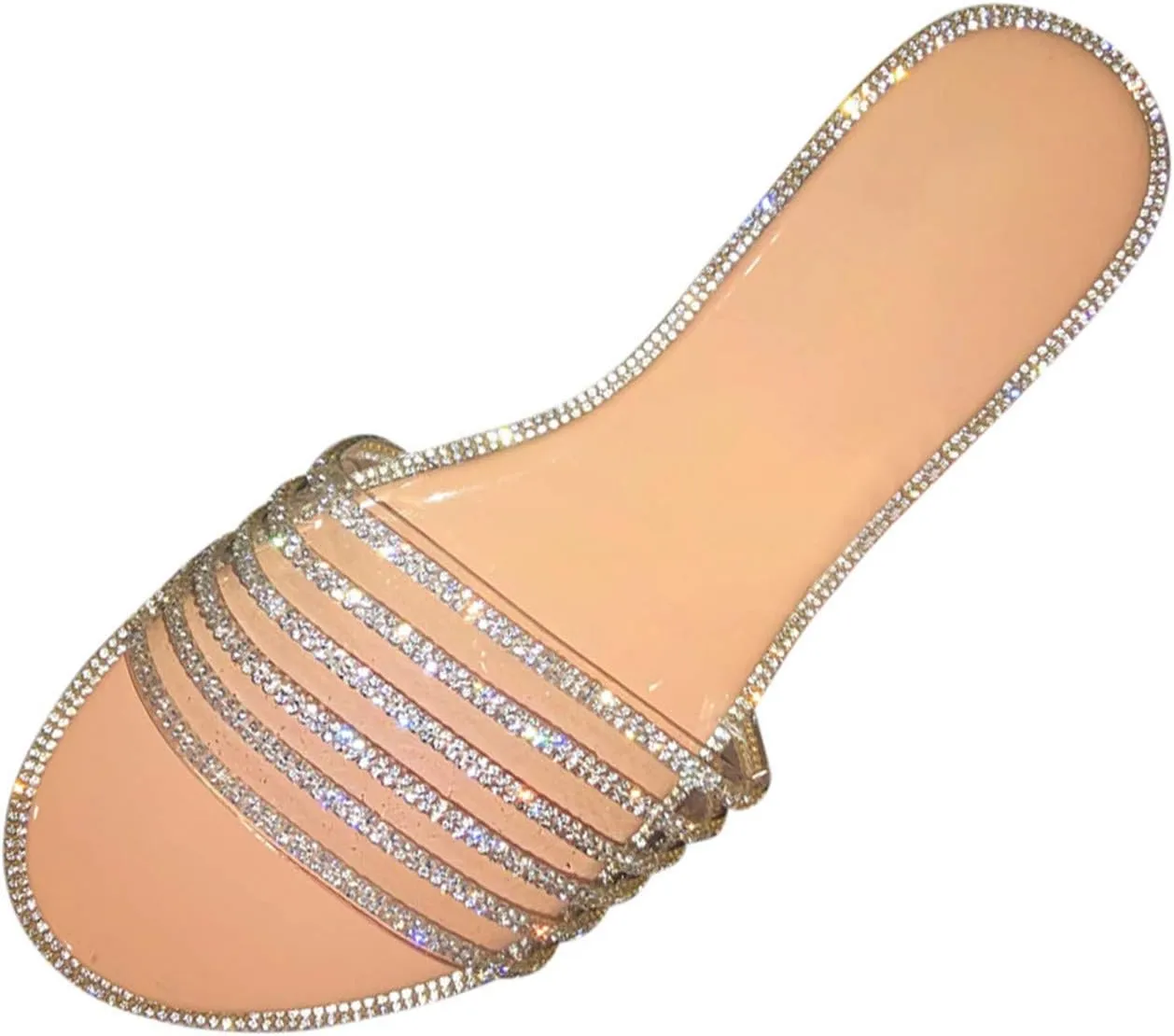 Summer Flat Sandals for Women Open Toe Slip On Rhinestone Slides Casual Beach Shoes Comfortable Walking Slippers