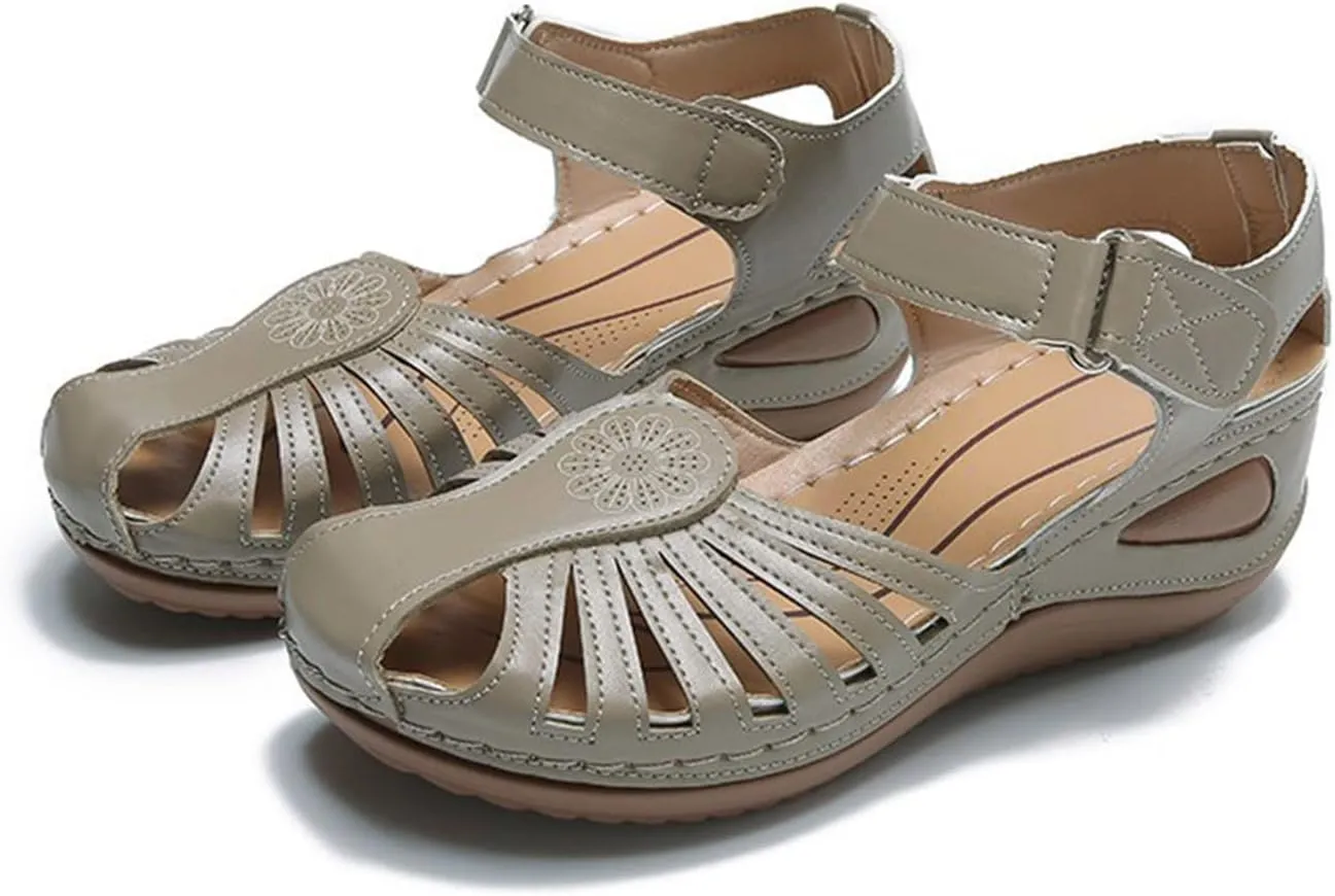 Summer Hollow-Out Sandals Fashion Closed Toe Roman Dress Walking Flats with Ankle Strap Casual Daily Dressy Walking Sandales