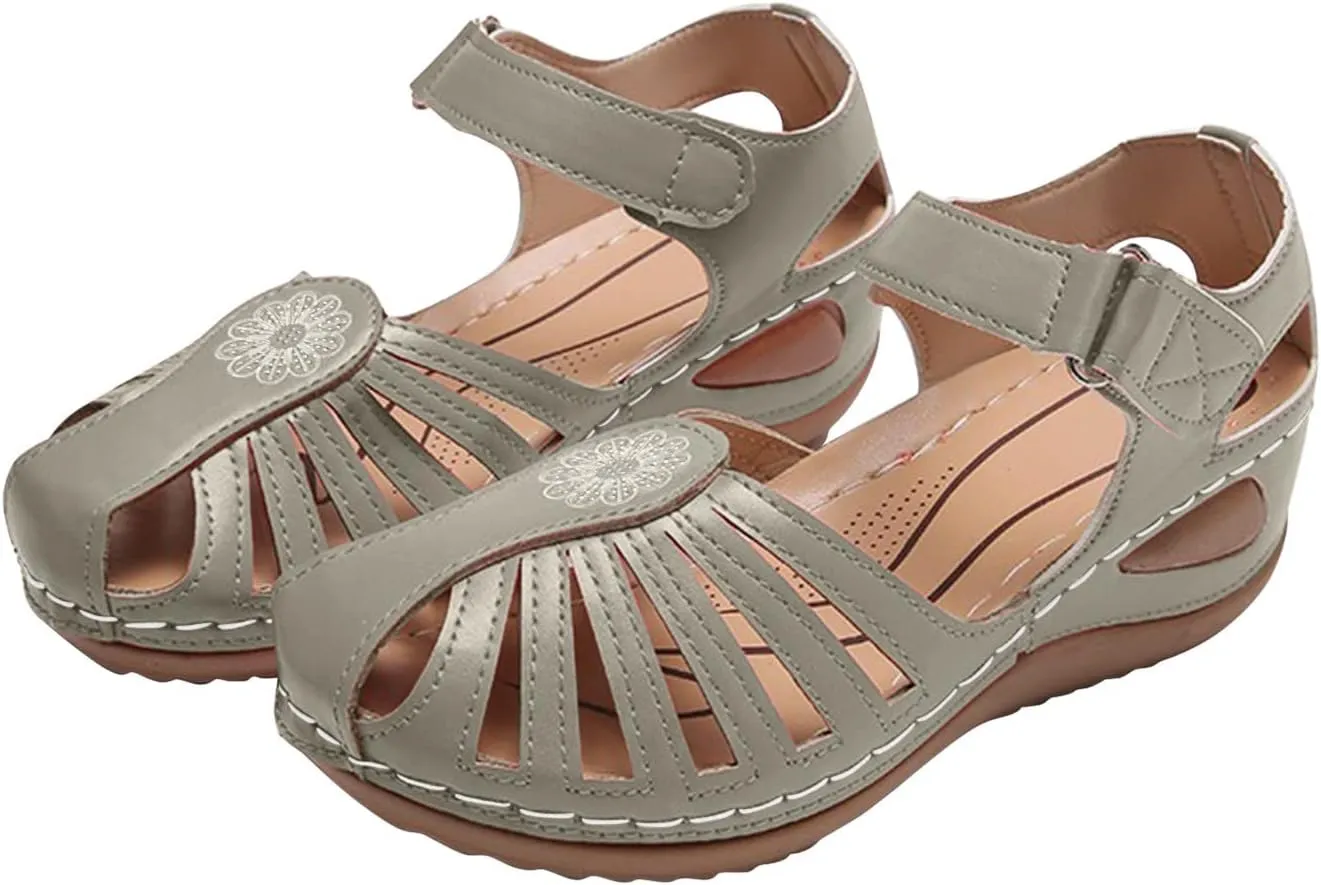 Summer Hollow-Out Sandals Fashion Closed Toe Roman Dress Walking Flats with Ankle Strap Casual Daily Dressy Walking Sandales