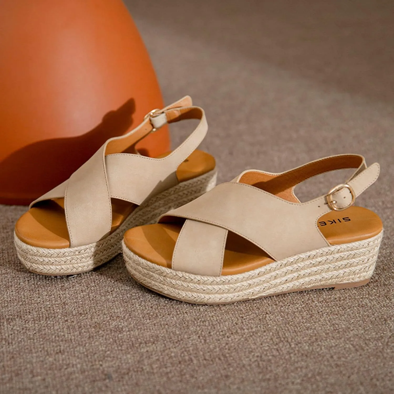 Summer Platform Sandals for Women Fashion Casual Cross Straps Buckle Slingback Espadrille Wedge Sandals Soild Comfortable Outdoor Ladies Shoes