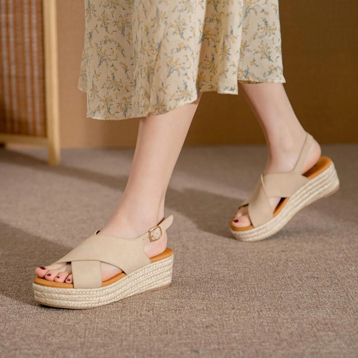 Summer Platform Sandals for Women Fashion Casual Cross Straps Buckle Slingback Espadrille Wedge Sandals Soild Comfortable Outdoor Ladies Shoes