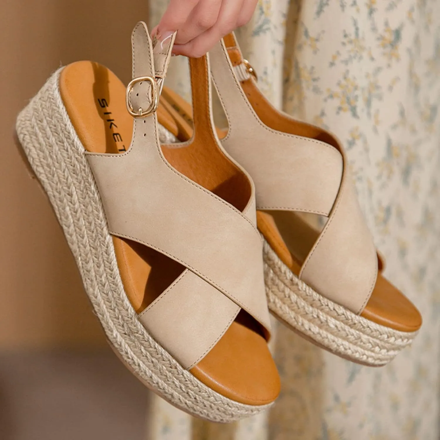 Summer Platform Sandals for Women Fashion Casual Cross Straps Buckle Slingback Espadrille Wedge Sandals Soild Comfortable Outdoor Ladies Shoes