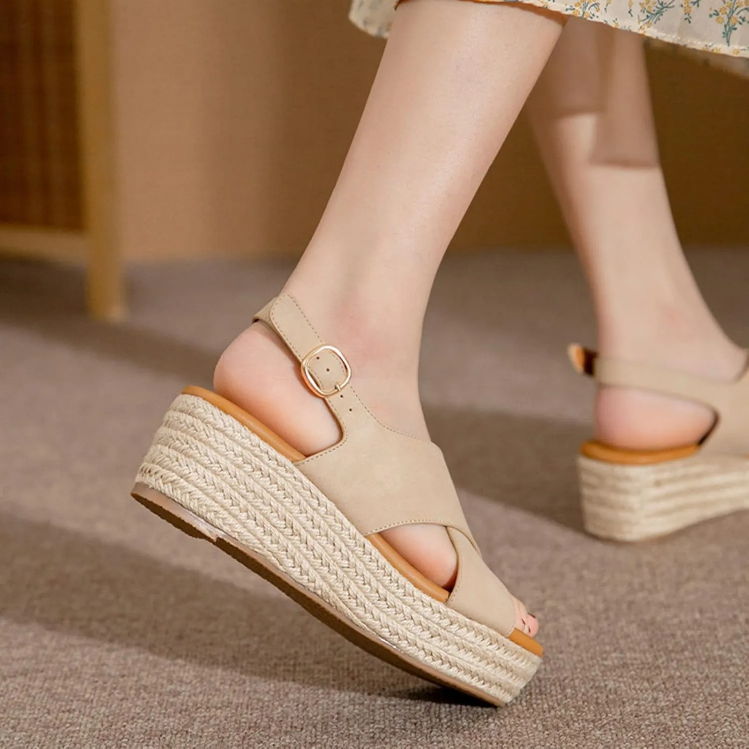Summer Platform Sandals for Women Fashion Casual Cross Straps Buckle Slingback Espadrille Wedge Sandals Soild Comfortable Outdoor Ladies Shoes