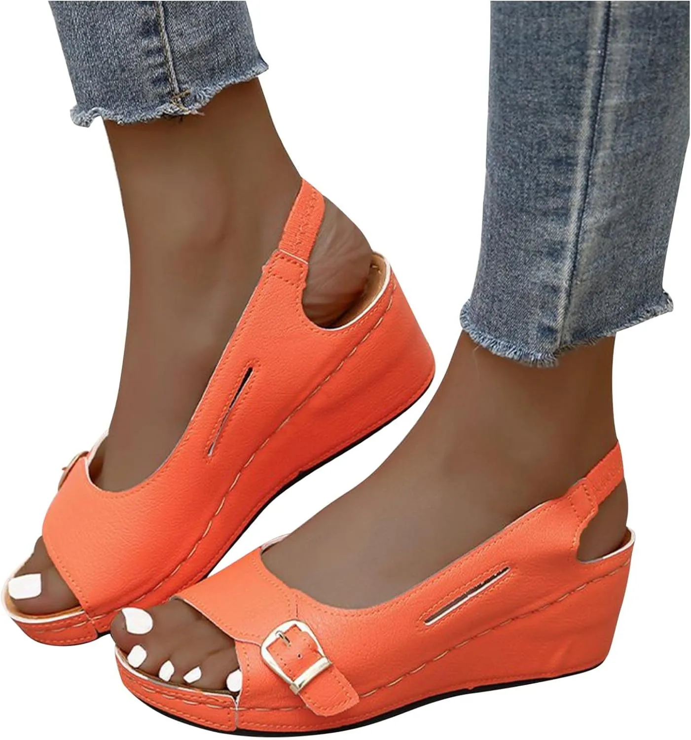Summer Wedge Sandals for Women,Fashion Casual Fish Mouth Open Toe Buckle Hollow Roman Sandals Solid Comfortable Outdoor Ladies Shoes Sandalias
