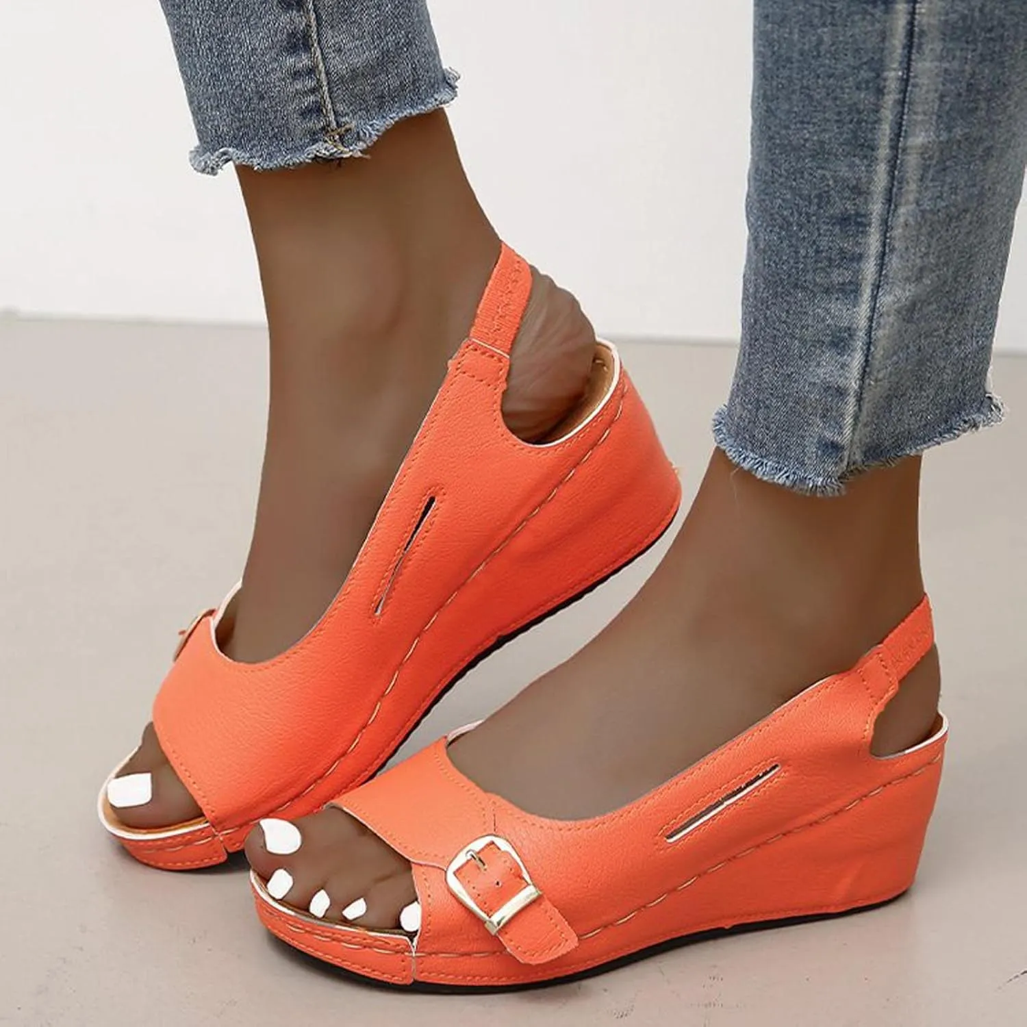 Summer Wedge Sandals for Women,Fashion Casual Fish Mouth Open Toe Buckle Hollow Roman Sandals Solid Comfortable Outdoor Ladies Shoes Sandalias