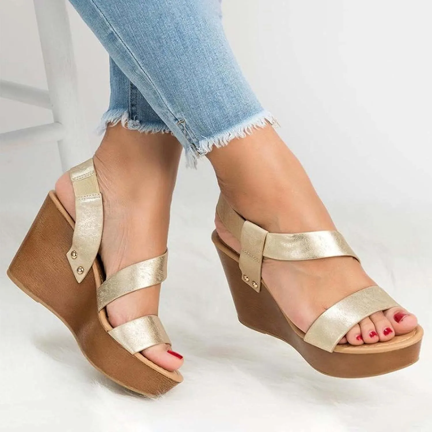 Summer Wedges Sandals for Women Fashion Casual One Word Straps Fish Mouth Open Toe Platform Sandals Slippers Comfy Ladies High Heel Beach Shoes