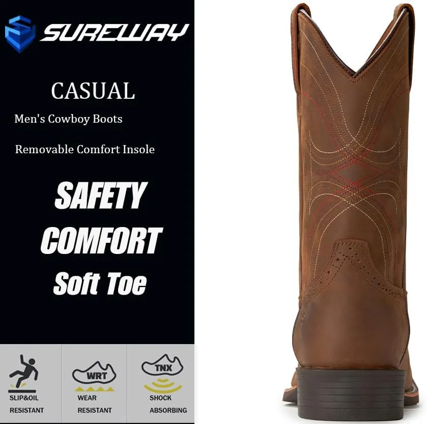 SUREWAY Cowboy Boots - Mens Sport Wide Square Toe Western Boot,Oil/Slip Resistant,Durable Fashionable Classic Pull on 10 Inch Wellington Boots - Leather