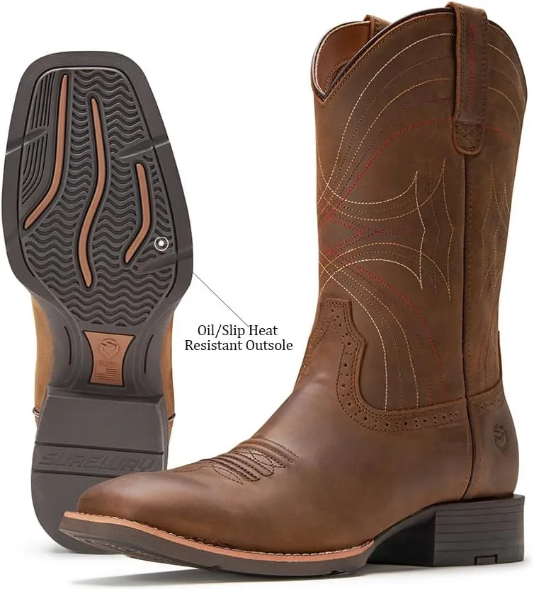 SUREWAY Cowboy Boots - Mens Sport Wide Square Toe Western Boot,Oil/Slip Resistant,Durable Fashionable Classic Pull on 10 Inch Wellington Boots - Leather