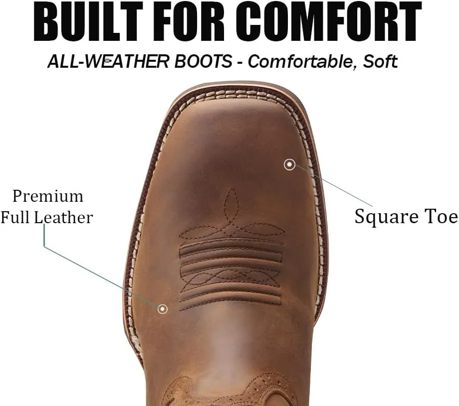 SUREWAY Cowboy Boots - Mens Sport Wide Square Toe Western Boot,Oil/Slip Resistant,Durable Fashionable Classic Pull on 10 Inch Wellington Boots - Leather